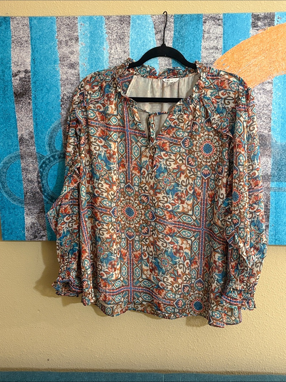Cato Multicolor Boho Tile Print Blouse - Teal & Rust